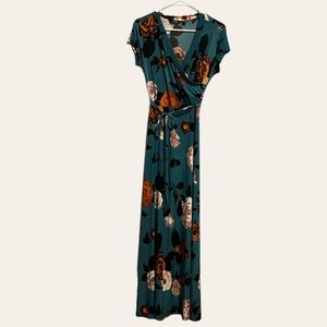 Mlle Gabrielle Womens Blue Floral Short Sleeve Stretchable Maxi Dress
